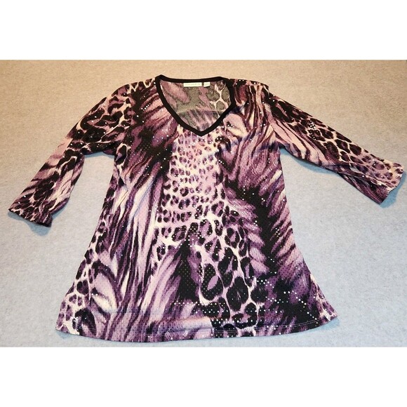 Susan Graver Blouse Top Sz S Womans Purple Animal Print 3/4 Sleeve V-Neck - Picture 1 of 7